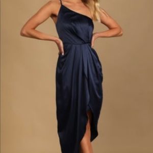 One shoulder navy silk cocktail party dress in size small.